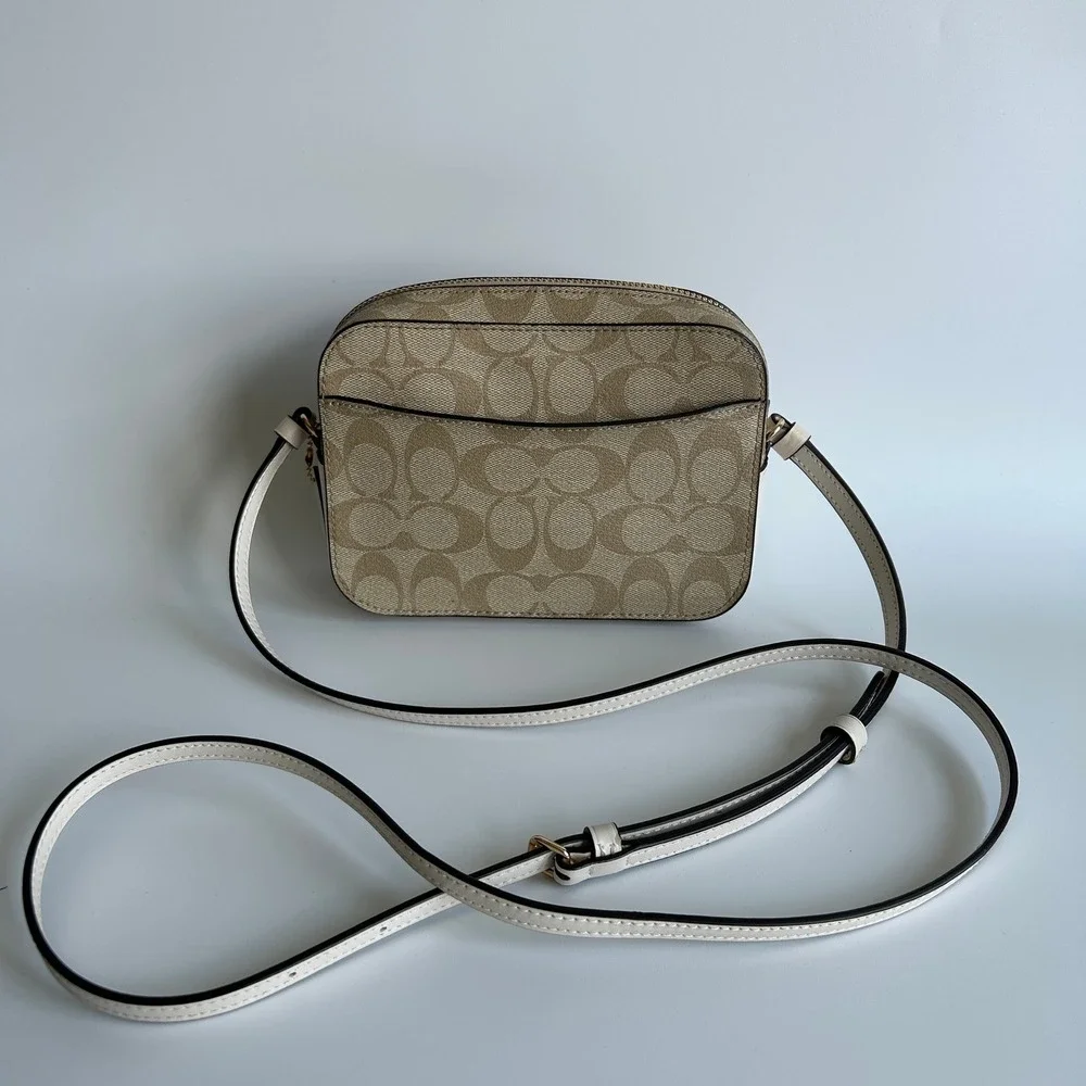 Coach Mini Camera Bag Light Khaki Chalk Canvas Leather Crossbody Excellent